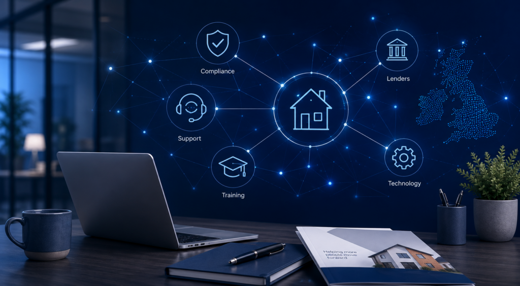 Network for Mortgage Brokers featuring compliance, lender access, training, technology and broker support icons.