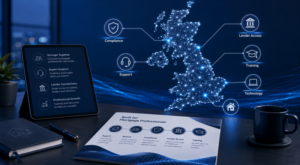 How to Compare a UK Mortgage Network in 2024, showing a connected UK map with compliance, lender access, training, support and technology icons.