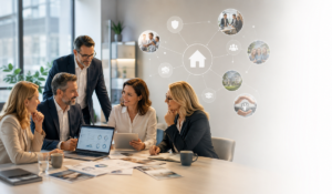 Brokers’ Thoughts on Mortgage Networks: experienced mortgage advisers collaborating in a modern office with technology, compliance, protection and property support visuals.