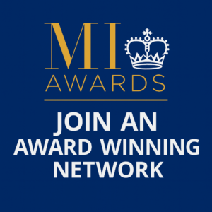 Square 600×600 graphic in two blues with the MI Awards logo at the top in its original gold and white branding, and large white Open Sans-style headline below reading “JOIN AN AWARD WINNING NETWORK