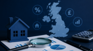 UK Mortgage Market 2024 review with house model, UK map, calculator, interest rate and financial analysis icons.