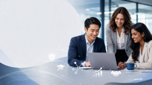 Why Join Connect Mortgage Network hero image showing a diverse team of mortgage advisers collaborating around a laptop, with subtle icons representing compliance, training, growth, lender relationships and technology support.