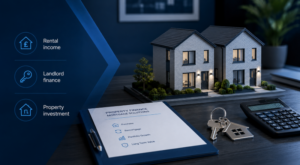 Buy-to-Let Mortgage Support for UK Advisers, featuring rental property models, landlord finance icons, mortgage paperwork, keys and a calculator.