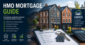 HMO Mortgage Guide hero image showing UK rental property, licensing checklist, rental income, compliance and broker support for landlords, investors and brokers.