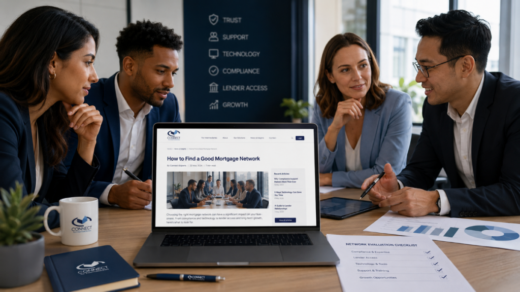 How to Find a Good Mortgage Network, showing multicultural mortgage advisers reviewing compliance, lender access, technology and growth support around a branded Connect meeting table.
