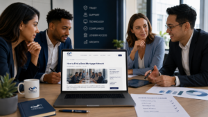 How to Find a Good Mortgage Network, showing multicultural mortgage advisers reviewing compliance, lender access, technology and growth support around a branded Connect meeting table.