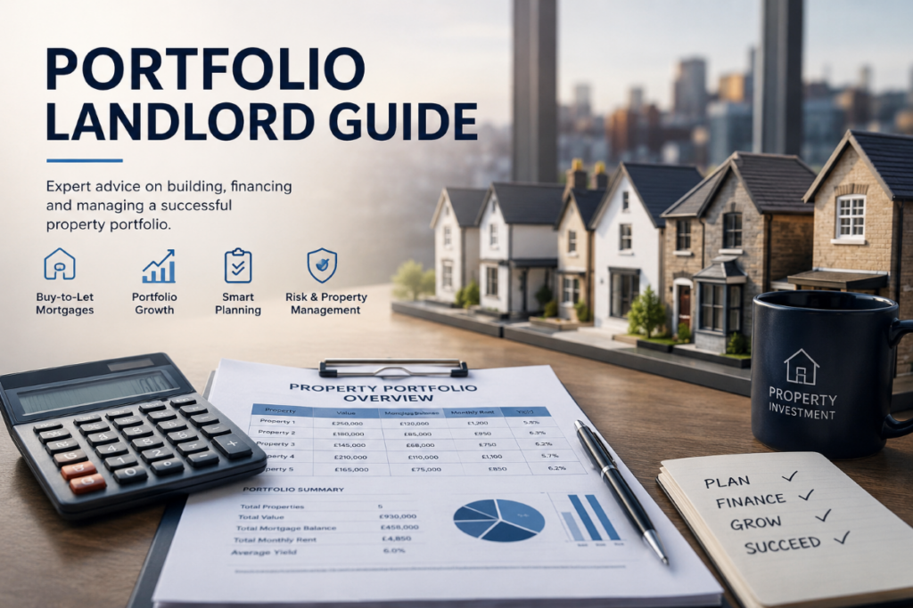 Portfolio Landlord Guide showing property portfolio planning, buy-to-let mortgages, finance documents, house models and investment growth strategy.