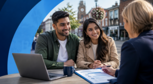 Mortgage Broker in Hornchurch hero image showing a stylised blue map marker, Hornchurch location signage and local townscape in Connect brand colours.