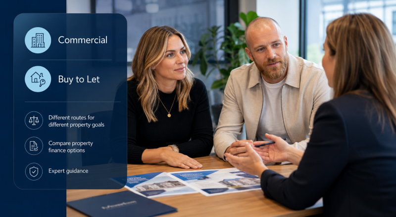 Commercial or Buy-to-Let Mortgage consultation with a couple and specialist adviser comparing property finance options.