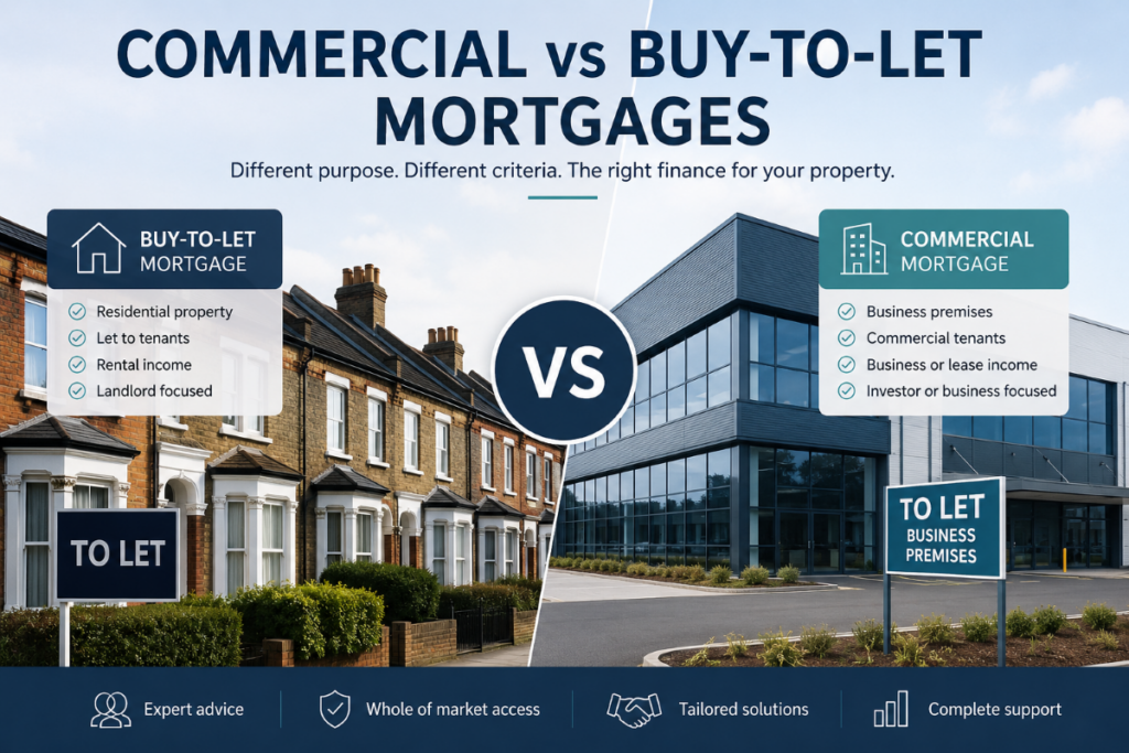 Commercial vs Buy-to-Let Mortgages comparison showing residential rental properties beside business premises, explaining key differences in property use, tenants and lending criteria.