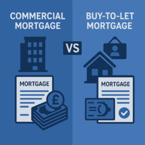 comparing commercial and buy-to-let mortgages. The left side shows a commercial building with a mortgage document and a stack of notes featuring a £ symbol. The right side shows a house with a mortgage document and a note icon, also using a £ symbol. A “VS” label sits in the centre dividing the two sections.