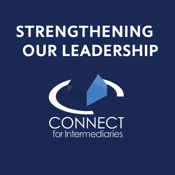 Square 600×600 graphic in dark and light blue with large white Open Sans-style headline “STRENGTHENING OUR LEADERSHIP” at the top, and the CONNECT for Intermediaries logo beneath in its natural colours (blue geometric mark with “CONNECT for Intermediaries” text); no currency symbols.