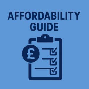 square infographic in blue brand colours, titled “Step-by-Step Mortgage Process Guide”. It displays four stages of the mortgage journey with matching icons: a document with a tick for pre-approval, a house for house hunting, a document with a pound sign for loan application, and a handshake for completion. Arrows link each step, and the layout remains clean, simple, and easy to follow.