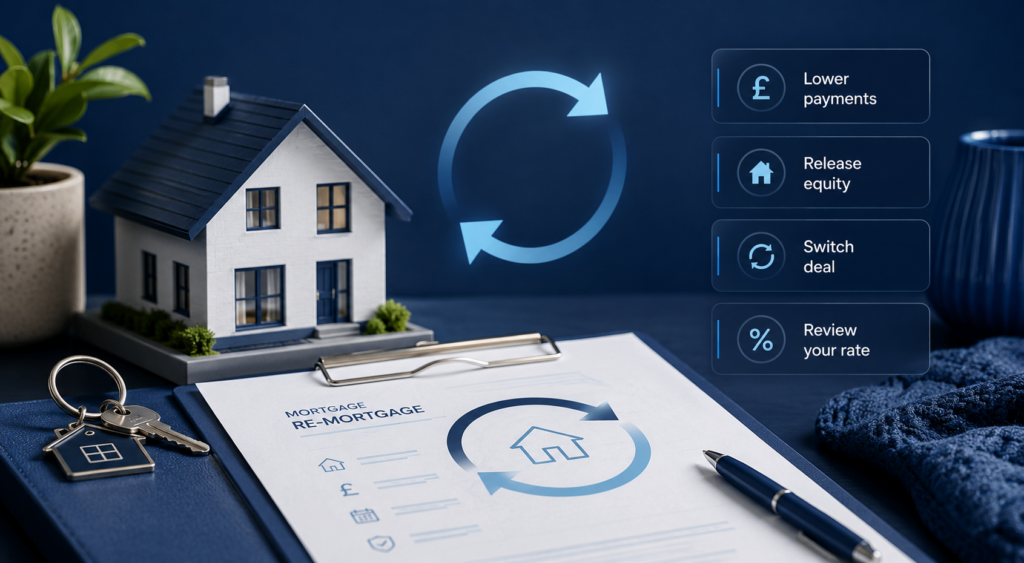 Remortgage Case Review showing a model home, mortgage documents, keys and rate-switching icons.