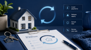 Remortgage Case Review showing a model home, mortgage documents, keys and rate-switching icons.