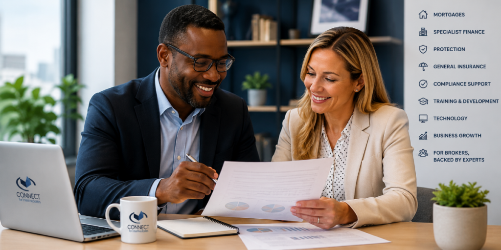 Why Mortgage Brokers Thrive with a complete mortgage and protection network, showing brokers reviewing client documents in a modern office.