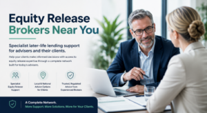 Equity Release Brokers Near You hero image showing an adviser meeting a client, with icons for specialist equity release support, local and national advice options, and trusted regulated broker guidance.