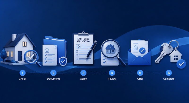Mortgage Application Process shown through six stages: checks, documents, application, review, offer and completion.