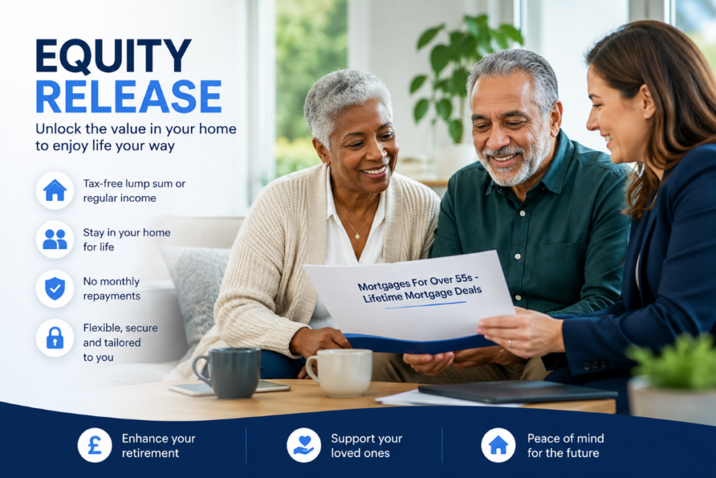 Equity Release Guide hero image showing a diverse older couple speaking with a financial adviser about Mortgages For Over 55s and Lifetime Mortgage Deals.