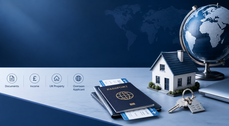 Expat Mortgage Cases with UK property, passport, travel documents, house keys and a globe.