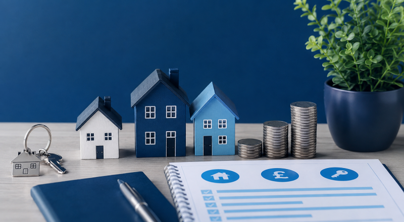 Landlord Investment Opportunities in 2025: blue-toned property investment scene with house models, stacked coins, keys, and finance documents on a desk.