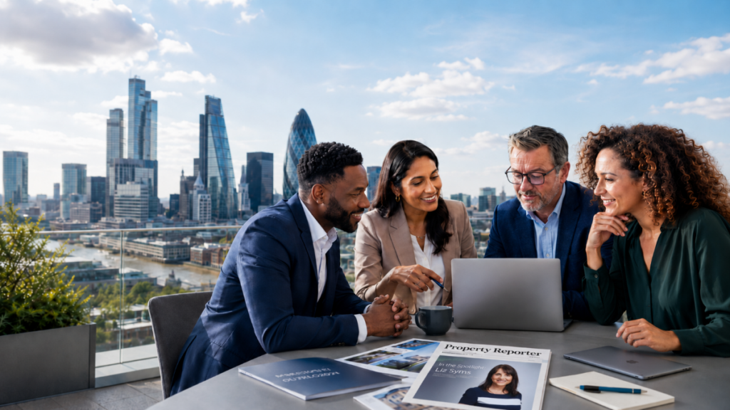 Opportunities for Landlords and Investors hero image showing a diverse group of property professionals reviewing investment opportunities, with a London skyline background and a Property Reporter publication featuring Liz Syms on the table.
