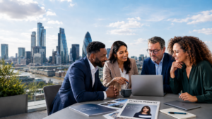 Opportunities for Landlords and Investors hero image showing a diverse group of property professionals reviewing investment opportunities, with a London skyline background and a Property Reporter publication featuring Liz Syms on the table.