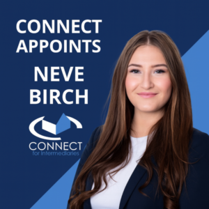 Square 600×600 announcement graphic in dark and light blue with large white Open Sans-style text “CONNECT APPOINTS NEVE BIRCH” on the left, and a professional headshot of a woman with long brown hair in a dark blazer and white top on the right; the CONNECT for Intermediaries logo appears below the text