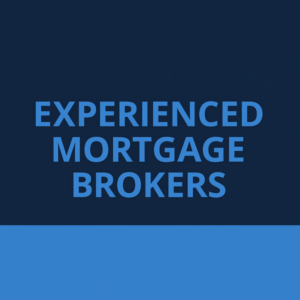 Square 600×600 graphic with a dark navy blue background and a lighter blue band across the bottom. Centered, large bold uppercase text reads “EXPERIENCED MORTGAGE BROKERS” in light blue with a subtle shadow.