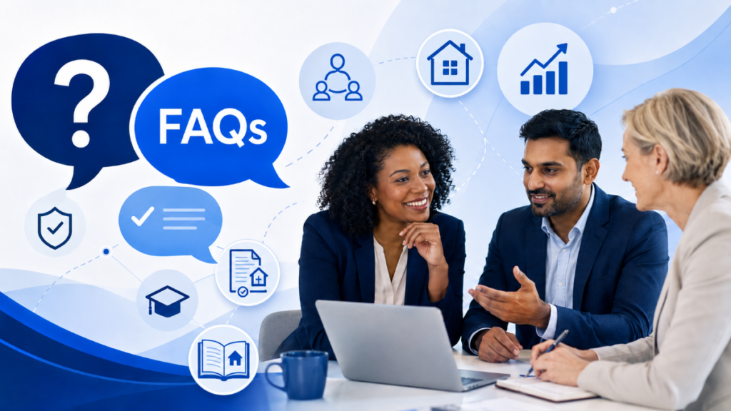 FAQs on Joining a Mortgage Network hero image showing diverse advisers in a business consultation, with symbolic FAQ speech bubbles, mortgage guide icons, compliance support, training, adviser community and business growth.