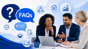 FAQs on Joining a Mortgage Network hero image showing diverse advisers in a business consultation, with symbolic FAQ speech bubbles, mortgage guide icons, compliance support, training, adviser community and business growth.