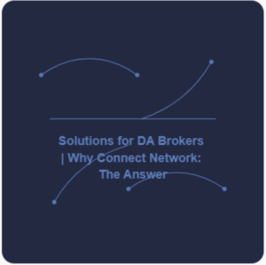 (600x600) with a dark blue background and light blue text and accents. Centered Open Sans headline reads: “Solutions for DA Brokers | Why Connect Network: The Answer”, with a thin divider line above and subtle network-style curved lines and small nodes in the corners.