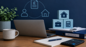 Modern home office scene illustrating Self-Employed Mortgage Cases, with a laptop, calculator, paperwork, notebook, and mortgage-related icons in dark blue and light blue branded tones.