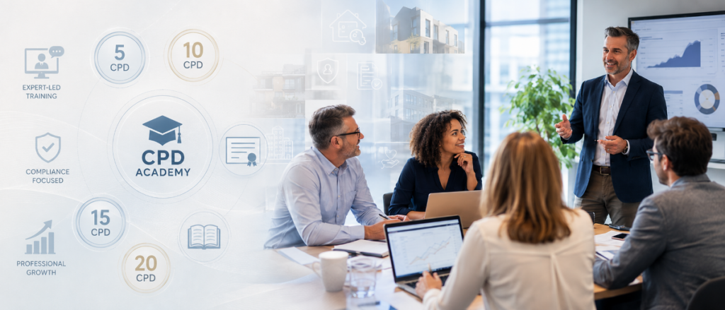 CPD for Mortgage Advisers training session with CPD points, academy icons, compliance support and professional growth visuals.