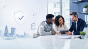 FCA Authorisation Guide hero image showing a diverse couple meeting with a mortgage adviser, with compliance, protection and checklist symbols representing regulated mortgage advice.