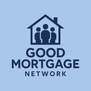 A clean, modern logo featuring a dark blue house outline with three abstract human figures inside, symbolising community and connection. Beneath it, the bold text reads “GOOD MORTGAGE NETWORK”