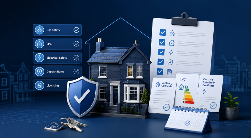 Landlord Compliance Checklist for England 2025, showing a rental property, safety certificates, licensing, deposit rules and compliance checks.