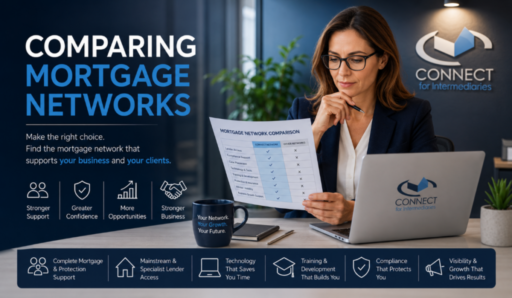 Comparing Mortgage Networks hero image showing a broker reviewing network options, with Connect for Intermediaries branding and support features for experienced advisers.