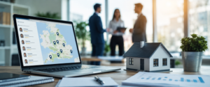 Connect Experts Directory showing a UK mortgage adviser search map on a laptop with a property model and advisers in a professional office setting