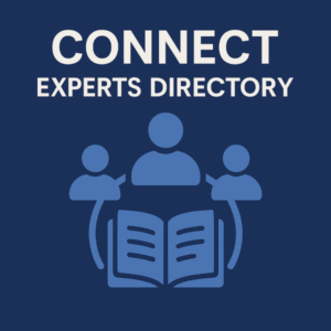 A dark blue square graphic featuring the title “Connect Experts Directory” in bold white text at the top. Below it, three light blue person icons are connected to an open book symbol, representing a professional directory and expert network.