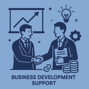 Flat-style illustration in branded blue colours showing two business professionals shaking hands, with one holding documents. A growth chart, lightbulb icon, gear symbol and stacks of coins surround them, representing business development support.