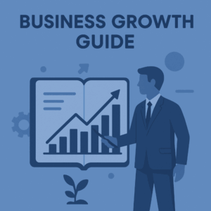 llustration in blue brand colours showing a professional person in a suit pointing toward an open book that displays an upward-moving bar and line chart. Surrounding icons include gears, arrows, and a small plant, symbolising business development and growth