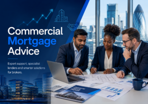 Commercial Mortgage Advice hero image showing diverse professionals reviewing commercial property plans, lender support, business finance documents and growth symbols in a modern office setting.