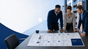 Complex Buy-to-Let Mortgages hero image showing three professionals standing around a conference table in a modern office, reviewing printed examples of complex cases such as SPV limited company, HMO, MUFB, portfolio landlord, holiday let, and adverse credit scenarios.
