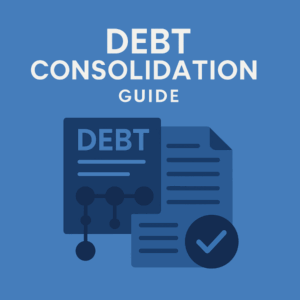 A blue square graphic featuring the title “Debt Consolidation Guide” in white at the top, with dark-blue illustrated documents below, including a “DEBT” sheet with connected dots symbolising financial links and a second sheet marked with a checkmark.
