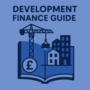 Illustration of a development finance guide cover using blue branding colours, featuring a crane lifting a block beside buildings, with a pound symbol and an open book, all in a clean flat design.