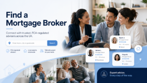 Find a Mortgage Broker hero image showing diverse clients speaking with a mortgage adviser, with broker profile cards, search features, FCA-regulated adviser icons and expert mortgage advice support across the UK.