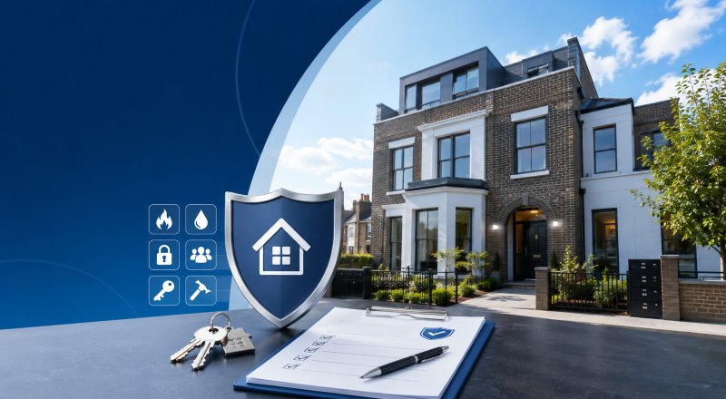 HMO Landlord Insurance Guide showing a shared rental property, protection shield, keys and insurance checklist.