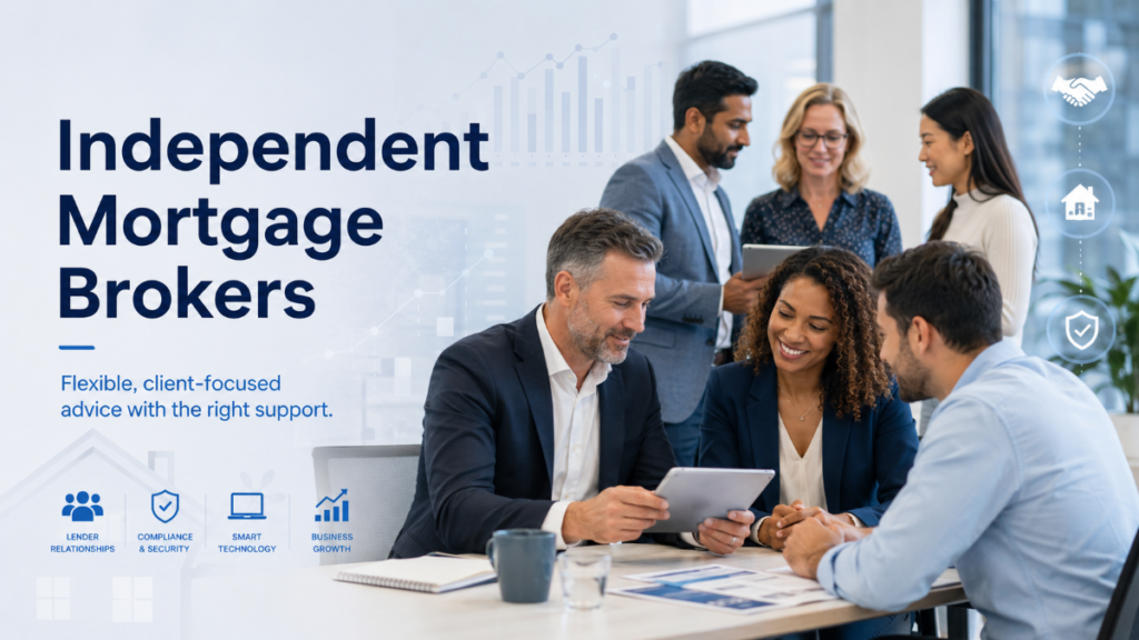 Independent Mortgage Brokers hero image showing a diverse group of mortgage professionals discussing client support, compliance, lender relationships, smart technology and business growth.