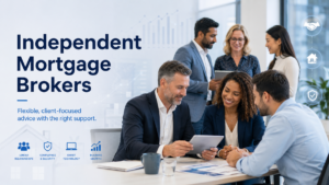 Independent Mortgage Brokers hero image showing a diverse group of mortgage professionals discussing client support, compliance, lender relationships, smart technology and business growth.